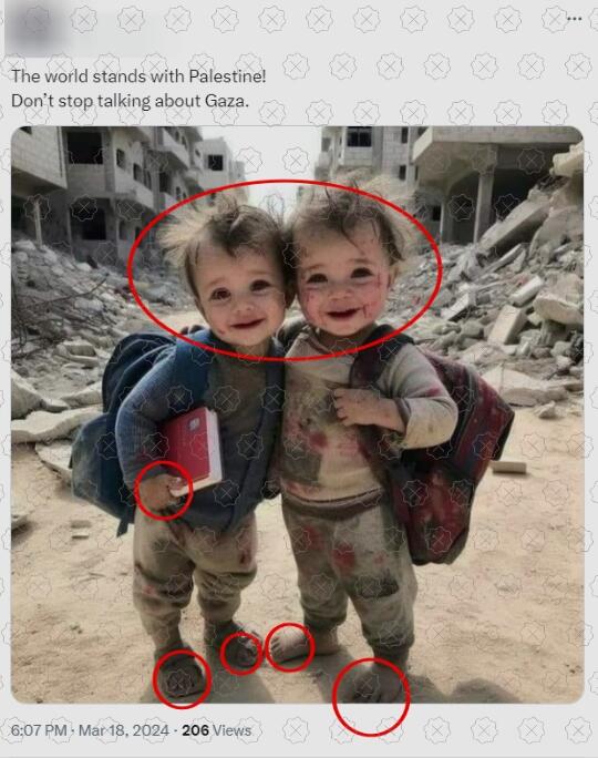 Imagem mostra as evidências de que a foto de duas crianças palestinas em frente a uma rua destruída foi criada por IA