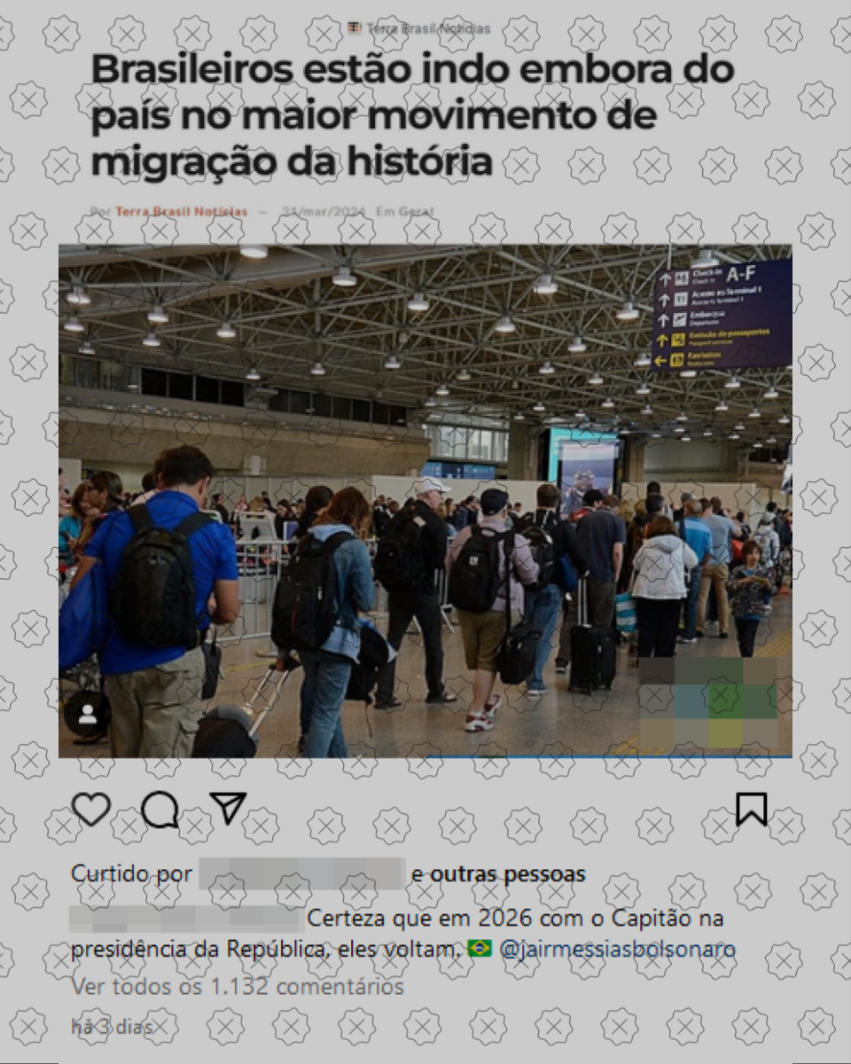 Foto de fila no aeroporto ilustra texto do Terra Brasil Notícias que afirma que ‘brasileiros estão indo embora do país’