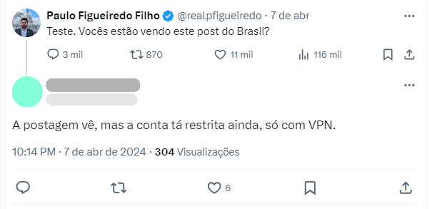 Alt text: Perfil de Paulo Figueiredo Filho publica “teste. Vocês estão vendo este post do Brasil”. Seguidora responde “A postagem vê, mas a conta tá restrita ainda, só com VPN”