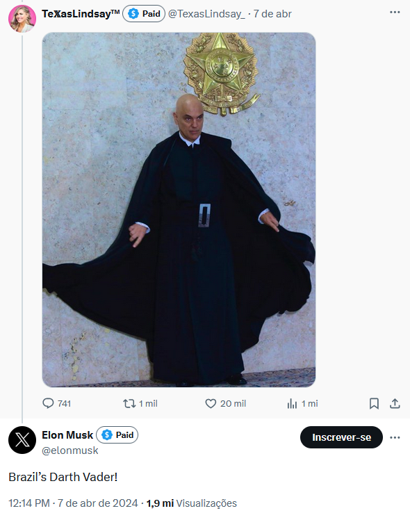 Tuíte de foto de Moraes de toga foi respondido por perfil oficial de Musk, que disse, ‘Darth Vader do Brasil!’