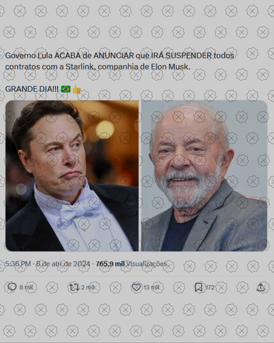Tuíte mostra fotos de Musk e Lula junto de legenda enganosa