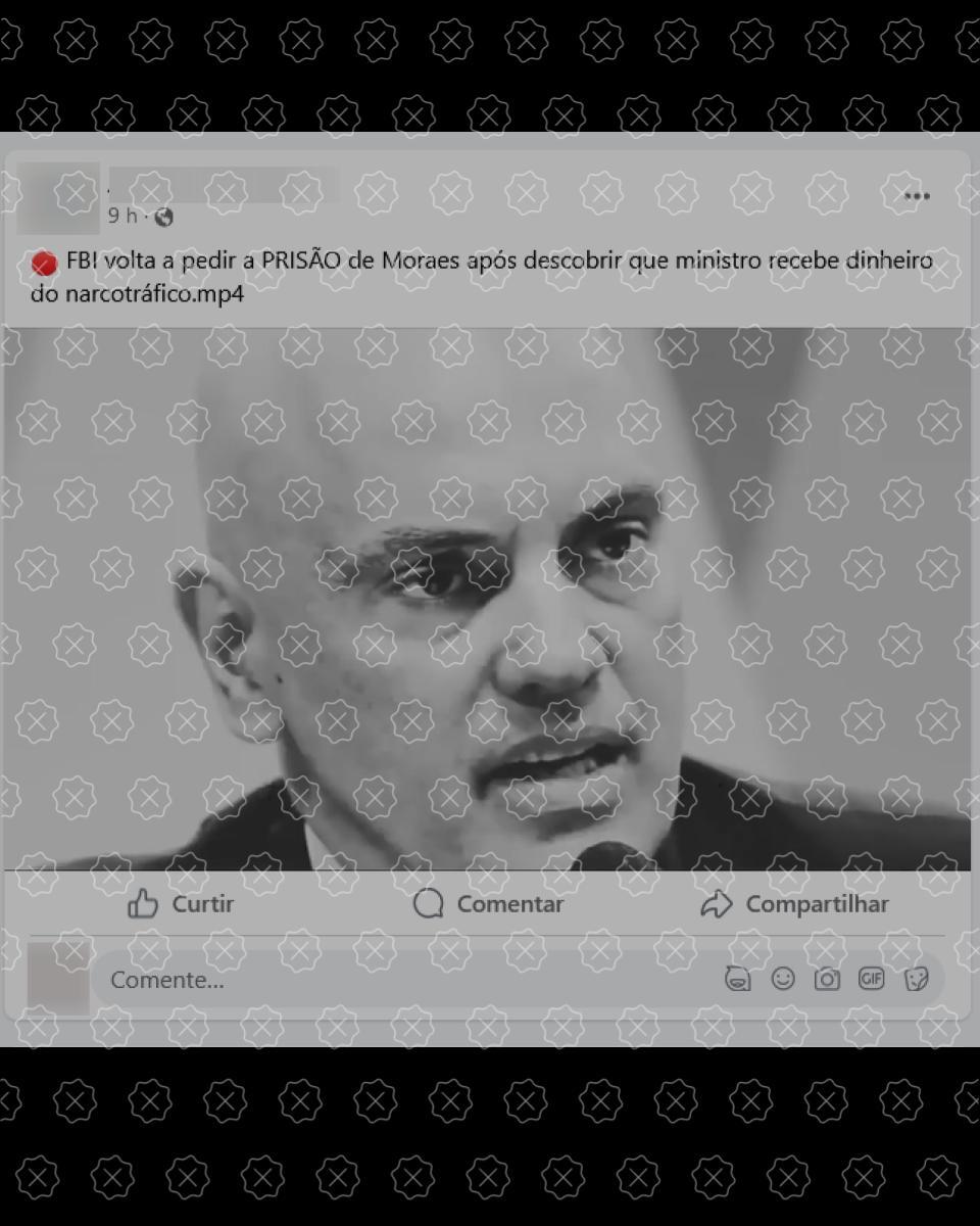 Vídeo difundido nas redes sociais alega que o FBI pediu a prisão do ministro Alexandre de Moraes por elo com o narcotráfico, o que é falso