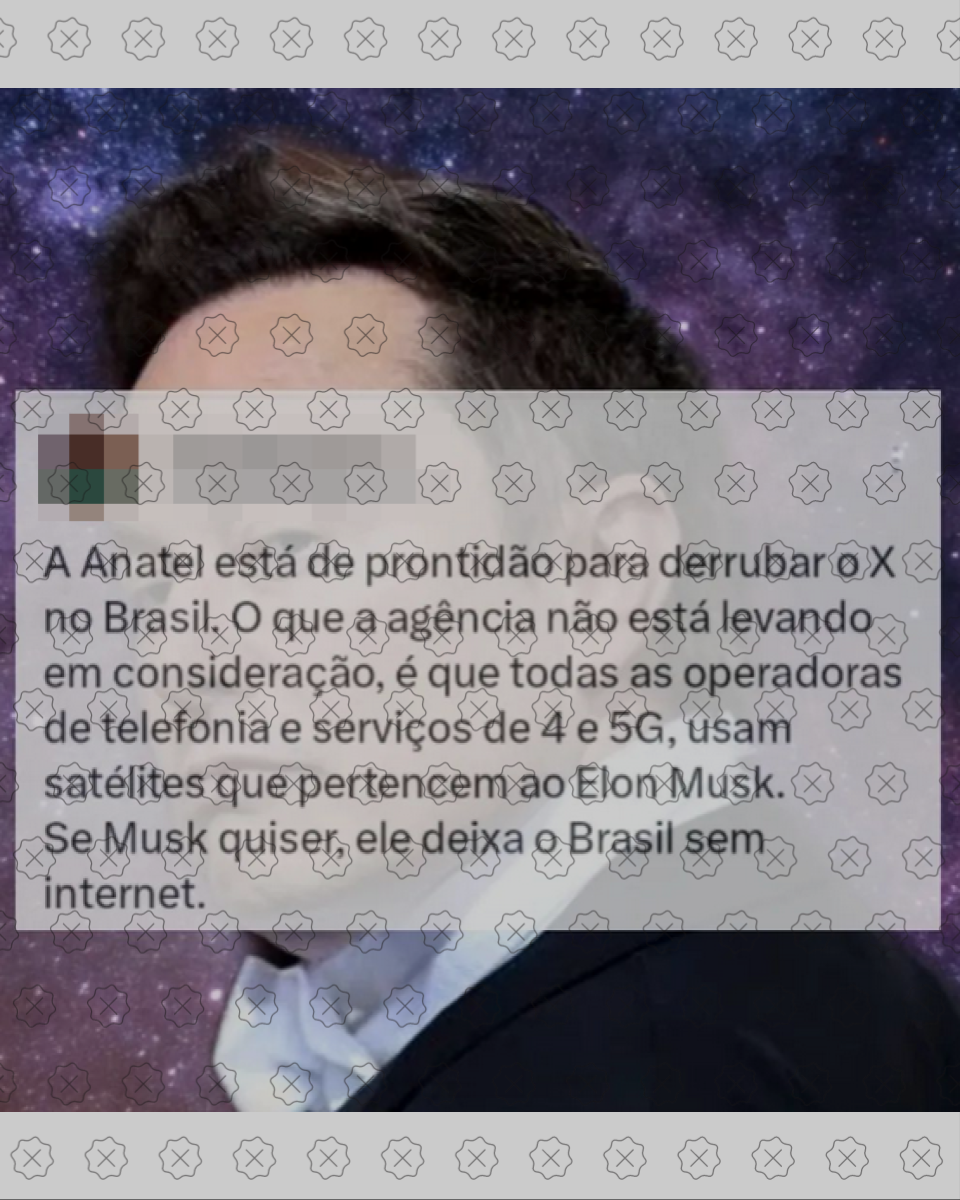 Ao fundo, foto de Elon Musk. Em primeiro plano, post alega que empresário poderia cortar a internet de todo o país, o que é falso