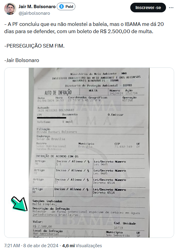 Tuíte de Bolsonaro mostra auto de infração com multa de R$ 2.500