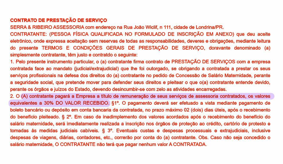 Print do contrato de serviço de assessoria para obtenção do auxílio-maternidade oferecido pela empresa Serra Ribeiro.