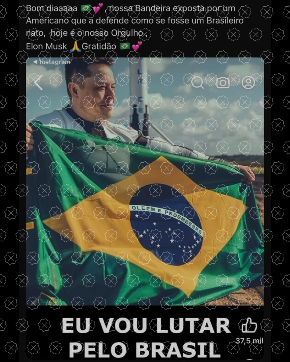 Imagem criada por Inteligência Artificial mostra o empresário Elon Musk segurando uma bandeira do Brasil