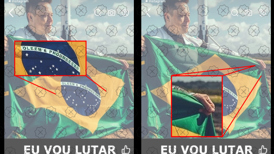 Detalhes que mostram erros na frase da bandeira do Brasil, dedos e sombra distorcidos na imagem de Elon Musk gerada por inteligência artificial