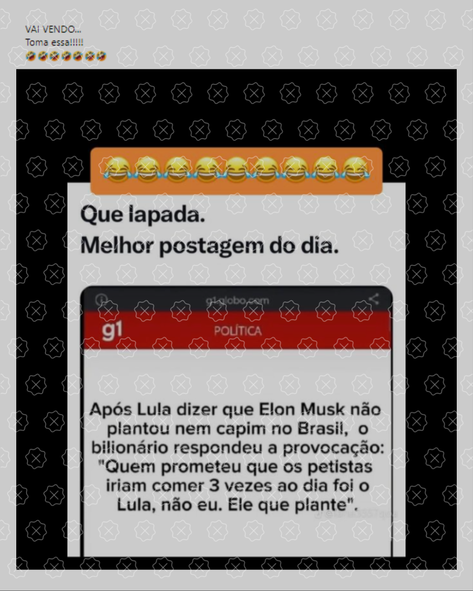 Print que mostra uma matéria falsa do portal de notícias g1 com uma resposta de Elon Musk à provocação feita por Lula. 