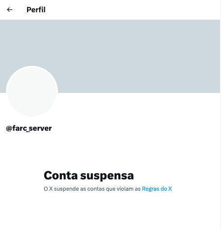 Página inicial do X do perfil @farc_server, ligado a Allan dos Santos, mostra que perfil foi removido por violar as diretrizes da plataforma