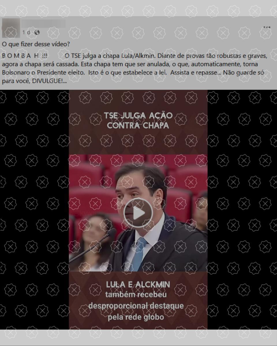Posts compartilham vídeo de julgamento do TSE que rejeitou cassação de Lula e Alckmin acompanhado de legenda enganosa que alega que chapa foi deposta