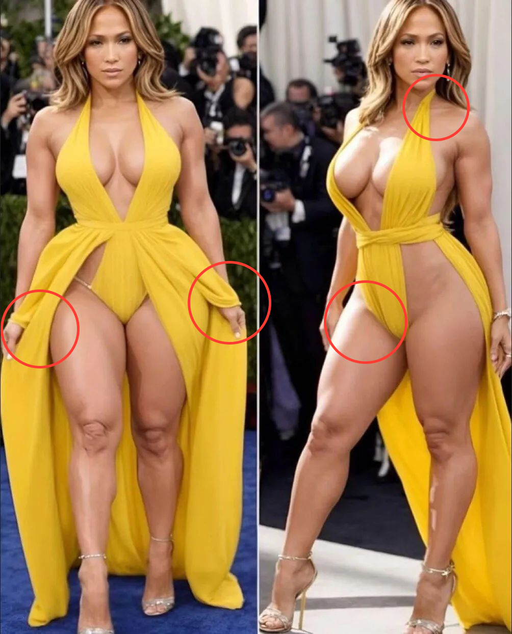 Imagem criada por IA mostra Jennifer Lopez com vestido amarelo; círculos vermelhos apontam inconsistências