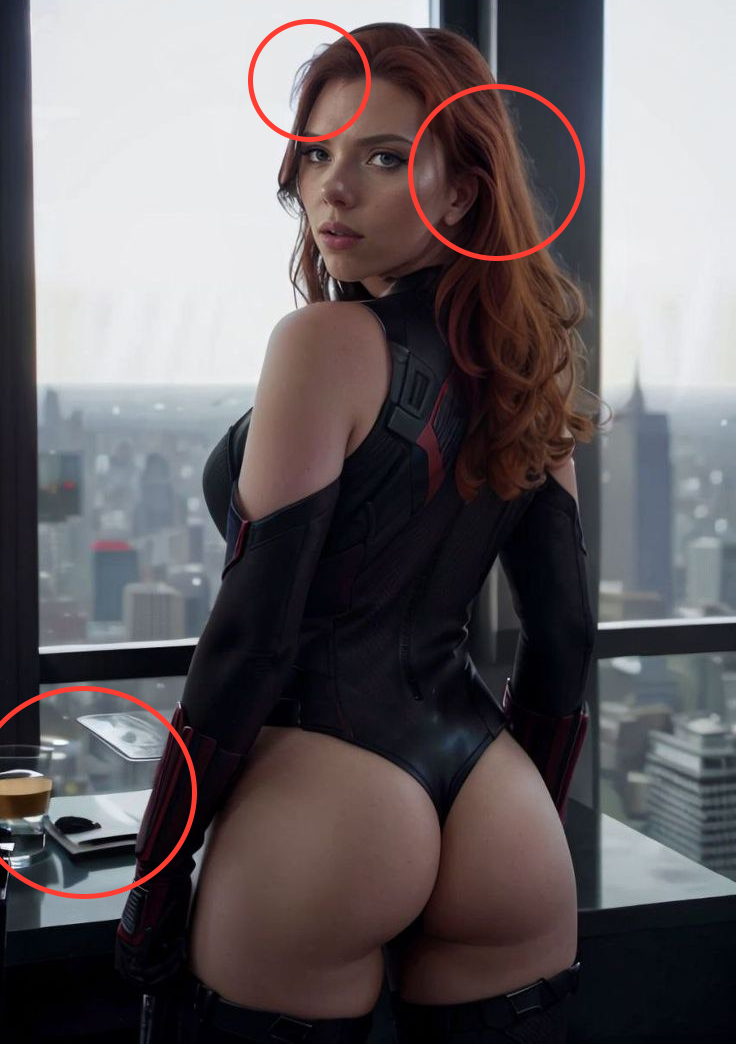 Foto mostra Scarlett Johansson vestida de Viúva Negra de costas; círculos vermelhos apontam inconsistências