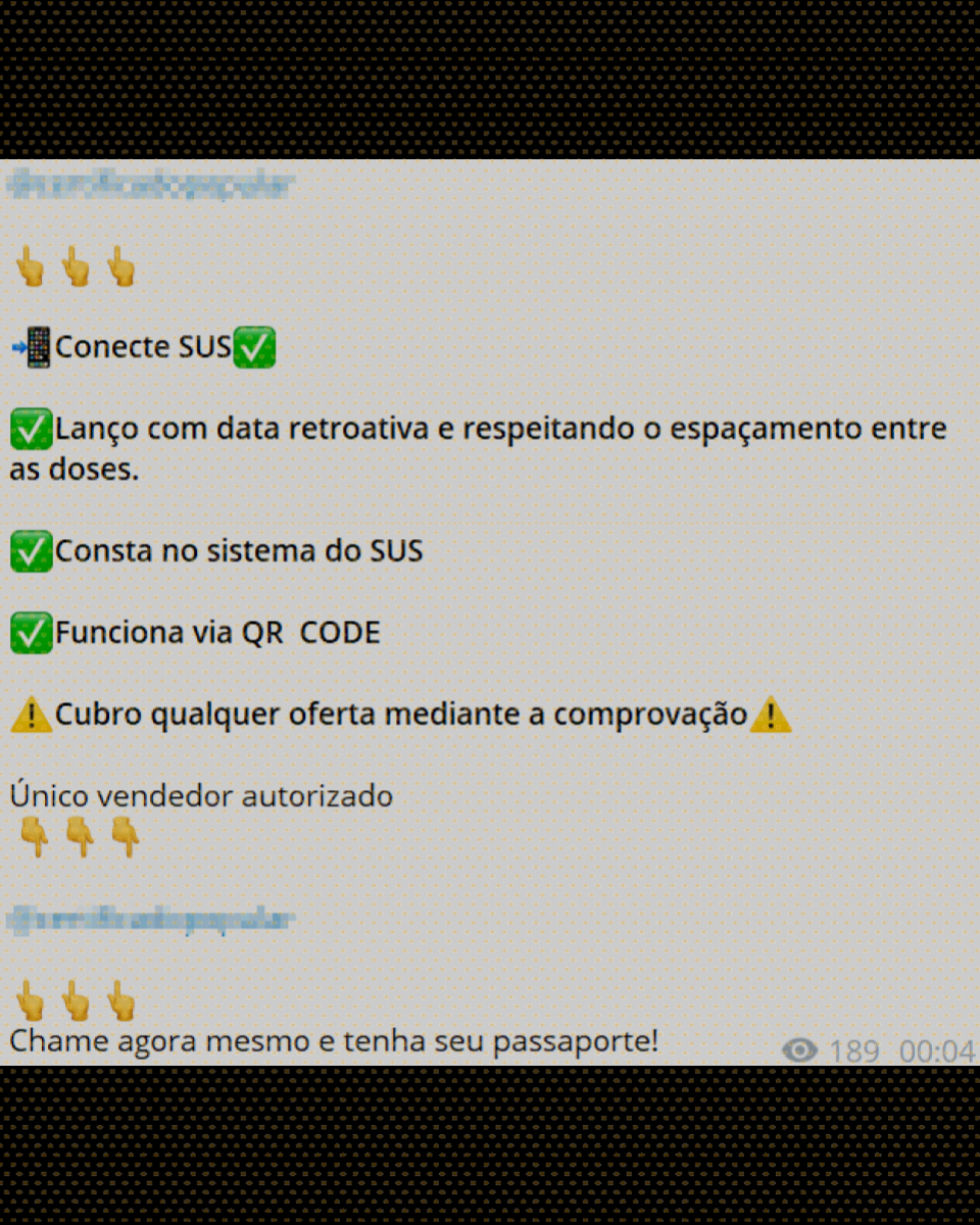 Mensagem compartilhada em grupo no Telegram com oferta de certificados falsos de vacinação lançados com datas retroativas e espaçamento entre as doses, oferecidos com o ‘melhor preço’.