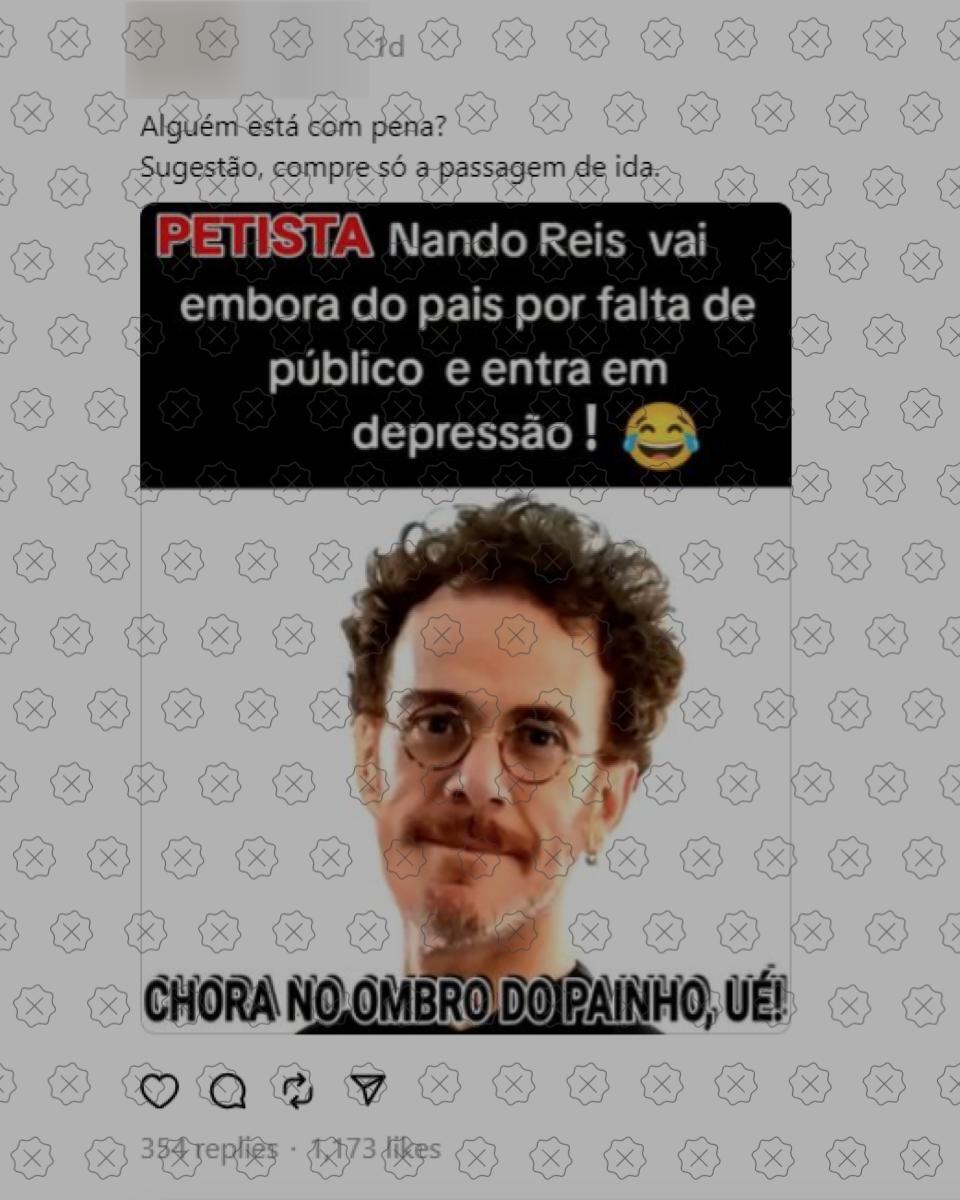 Post traz foto de Nando Reis acompanhada de legenda que diz: ‘Petista Nando Reis vai embora do país por falta de público e entra em depressão!’