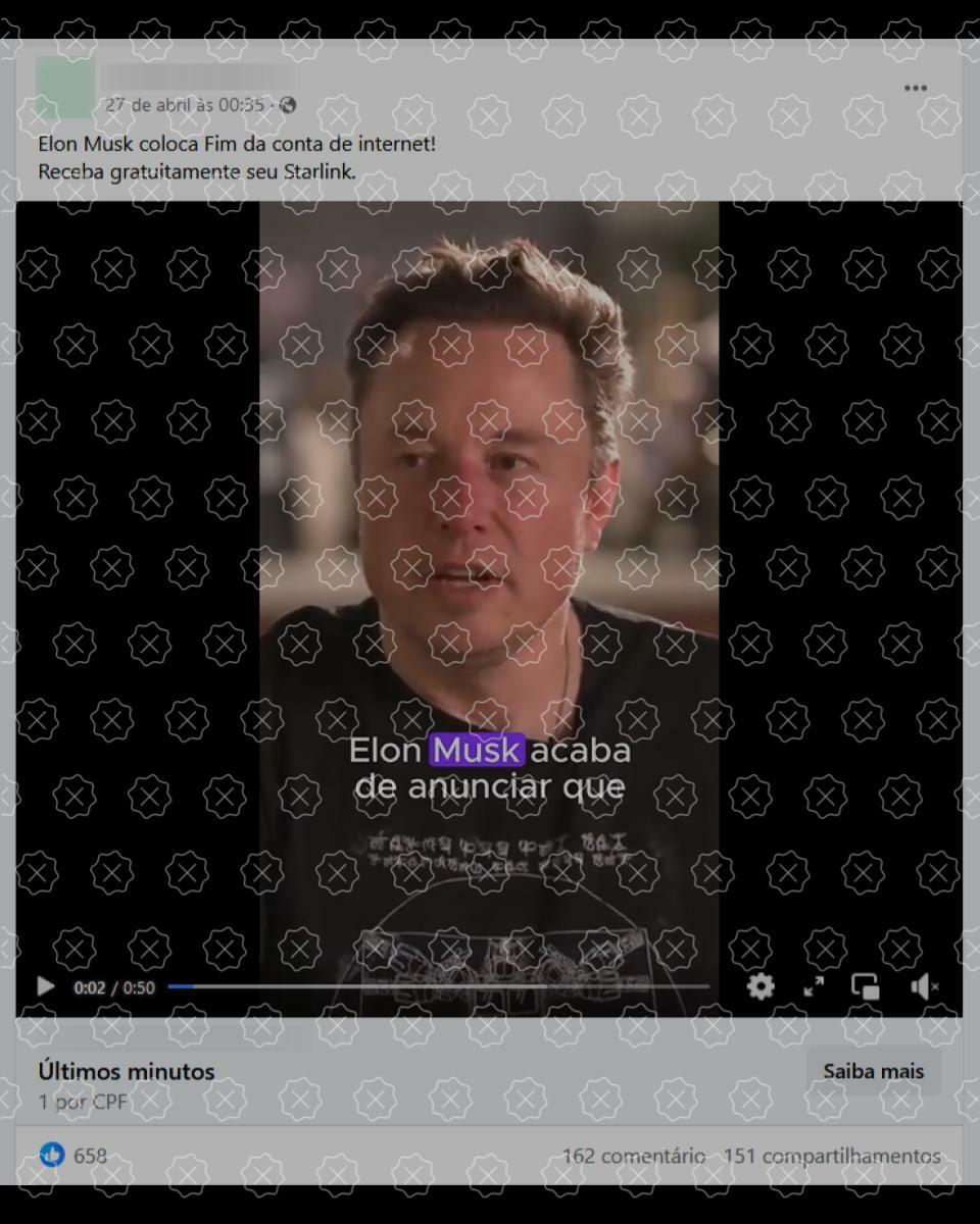 Post difunde vídeo editado do Jornal Nacional para fazer crer que William Bonner noticiou que o empresário Elon Musk anunciou internet grátis no Brasil, o que é falso