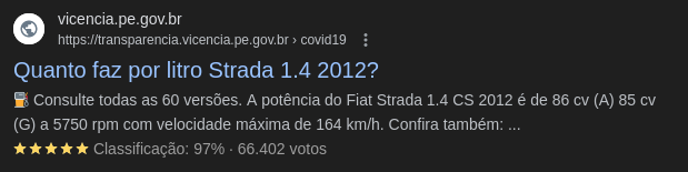 Página com título 'Quanto faz por litro Strada 1.4?' hospedada em site de portal de transparência de Vicência, Pernambuco