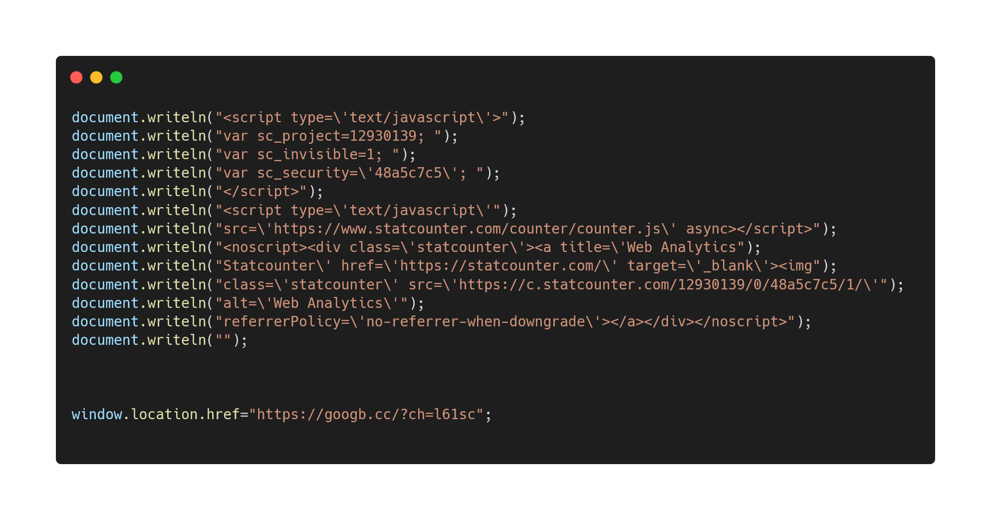 O código carregado executa alterações no código-fonte da página, adicionando informações e redirecionando o usuário para outro endereço (Reprodução)