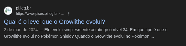 Página com título 'Qual é o level que o Growlithe evolui?' hospedada em site da Câmara de Vereadores de Picos, no Piauí