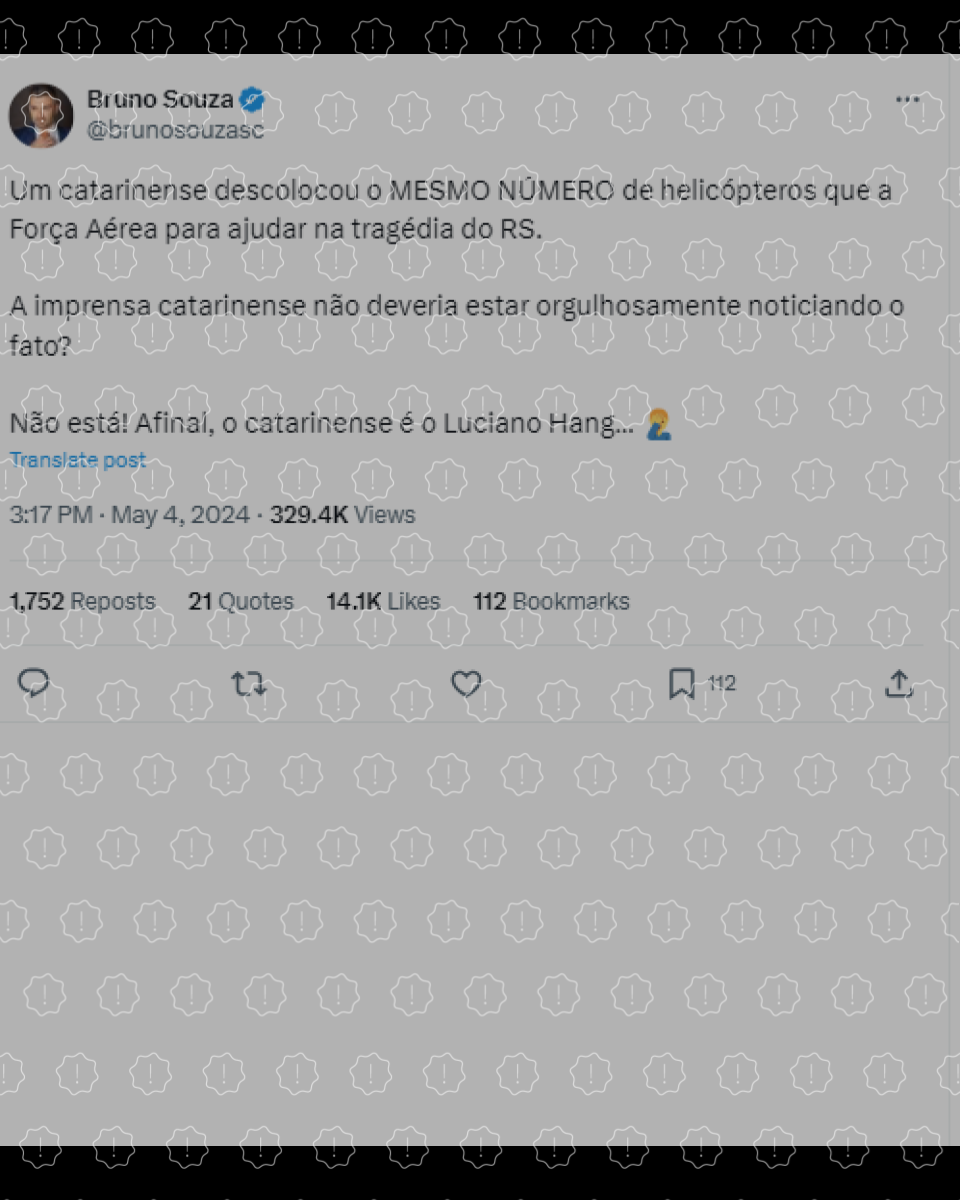 Posts enganam ao igualar a ajuda prestada pela FAB com a de Luciano Hang ao Rio Grande do Sul; além de dois helicópteros, a FAB tem utilizado aviões de transportes e remotamente controlados para ajudar os afetados pelas enchentes no estado gaúcho