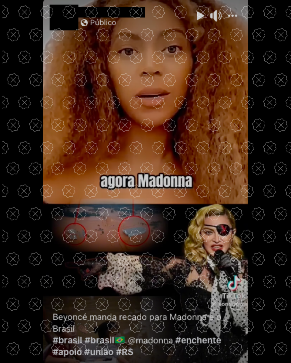 Print de vídeo com falso depoimento da cantora Beyoncé sobre show da Madonna e enchentes no RS