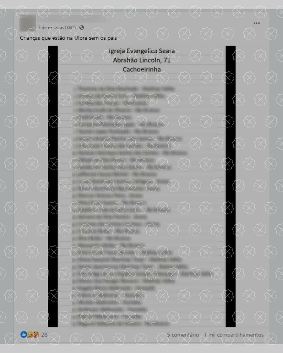 Posts difundem uma lista contendo 53 nomes como se fossem de crianças sem os pais na Ulbra de Canoas; lista retrata desabrigados alojados em igreja de Cachoeirinha