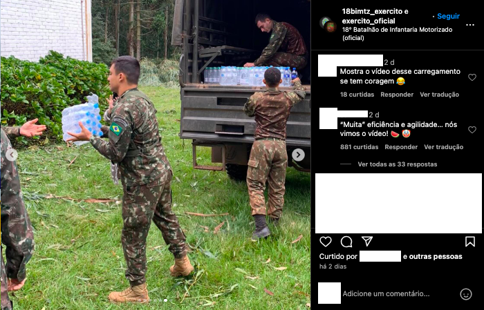  Print de comentários em post do Exército que mostra carregamento de doações em caminhões. Comentários debocham da ‘eficiência’ e da ‘agilidade’ dos soldados
