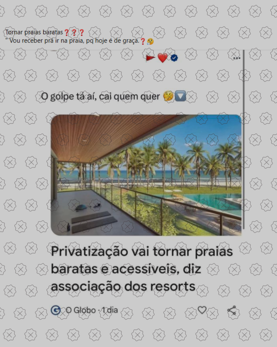 Print de publicação que compartilha, como se fosse real, matéria do blog satírico Sensacionalista com suposta declaração de associação de resorts acerca da privatização das praias