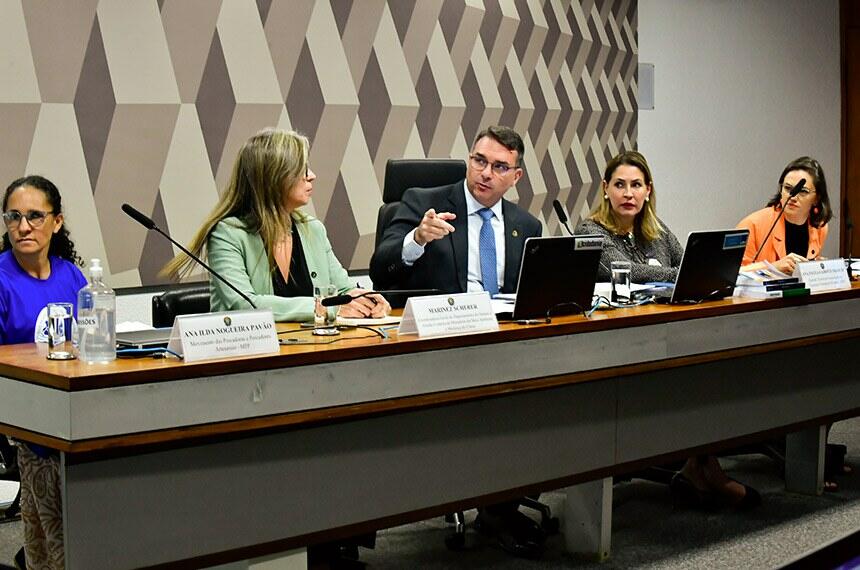 Foto da audiência pública mostra o senador Flávio Bolsonaro sentado no meio de outras debatedoras, como a representante da Associação dos Terminais Portuários Privados, Ana Paula Franco e secretária adjunta do Meio Ambiente, Carolina Stuchi