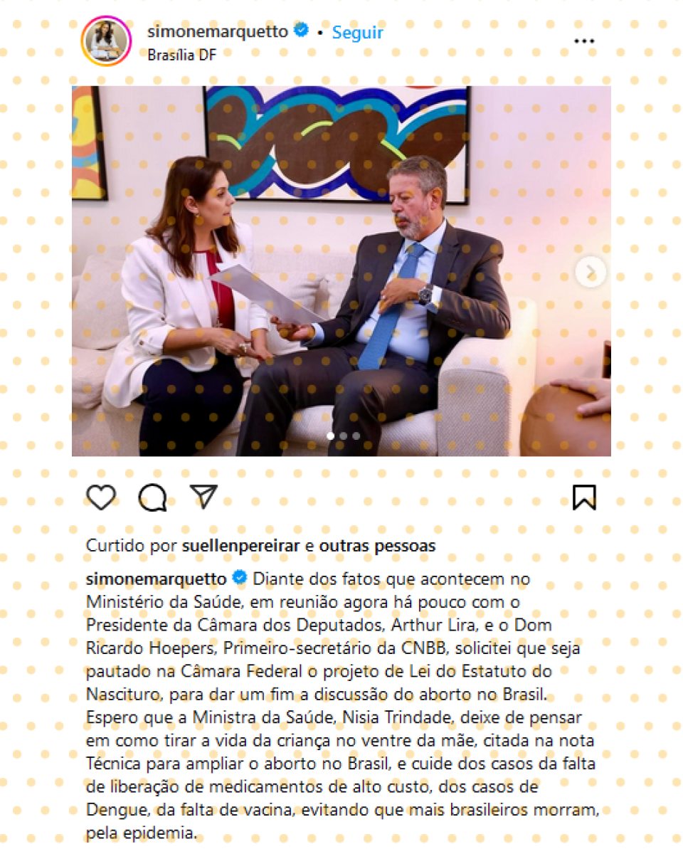 Post da deputada Simone Marquetto no Instagram sugere que nota do MS teria ampliado aborto no Brasil