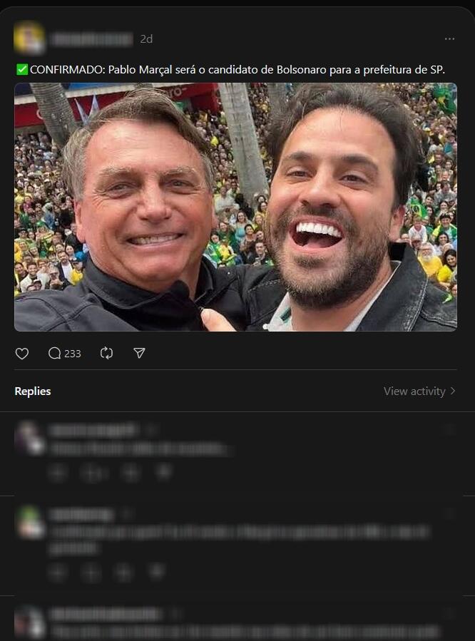 Foto de Bolsonaro ao lado de Pablo Marçal é acompanhada de legenda enganosa que alega que ex-presidente declarou apoio a candidatura de influenciador