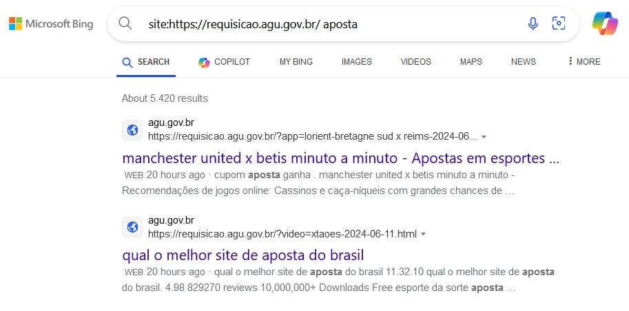 Print mostra resultados com o termo “aposta” no subdomínio requisicao.agu.com.br