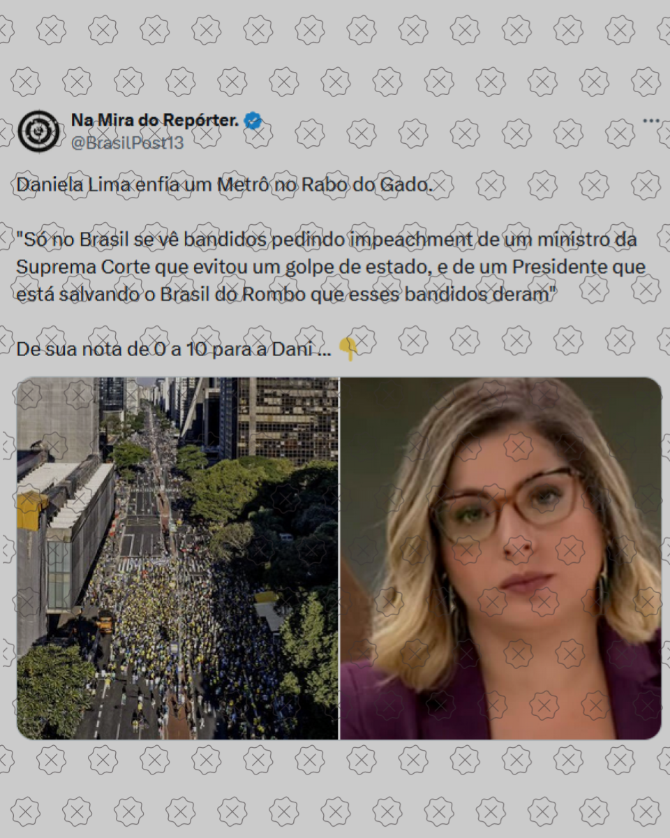 Usuário Na Mira do Repórter compartilha declaração falsa junto de fotos da manifestação do dia 9 de junho e de Daniela Lima no Roda Viva