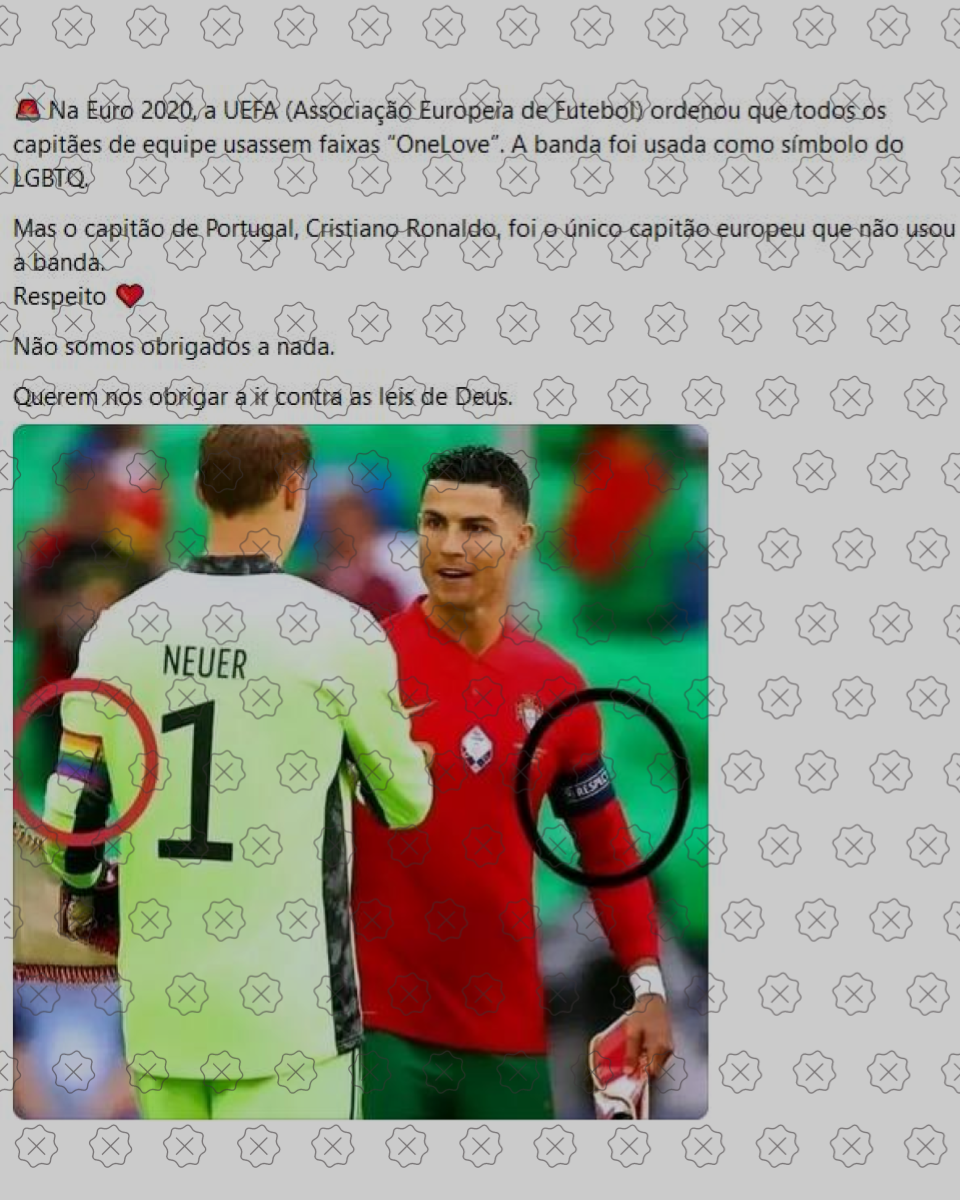 Foto mostra Cristiano Ronaldo cumprimentando Manuel Neuer. Edição destaca braçadeiras usadas pelos jogadores: a de Neuer tem a bandeira LGBTQIA+, enquanto a de Ronaldo é preta