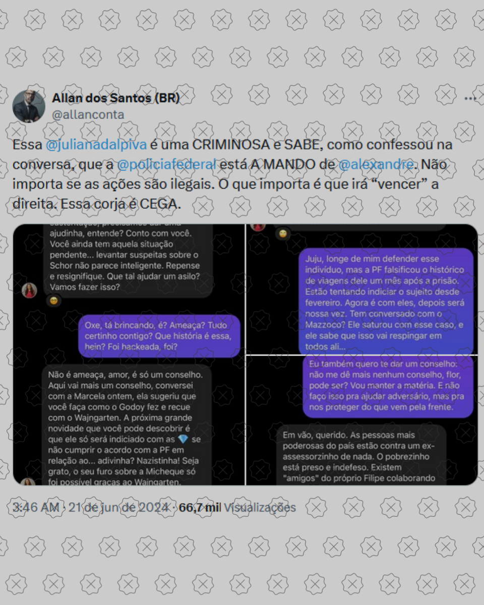 Prints falsos compartilhados por Allan dos Santos supostamente mostram Juliana Dal Piva confessando interferência de Alexandre de Moraes na PF