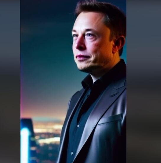 Trecho do vídeo mostra foto de Elon Musk gerada por IA. Sua pele parece plastificada e seus olhos estão deformados