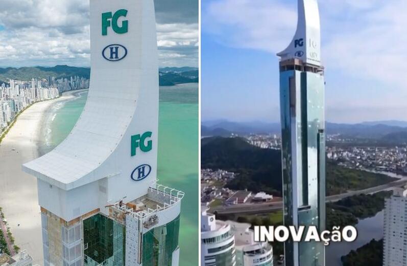 Comparativo mostra que o prédio exibido no vídeo (à dir.) é na verdade o One Tower (à esq.), empreendimento da Havan em parceria com a construtora FG lançado em 2022