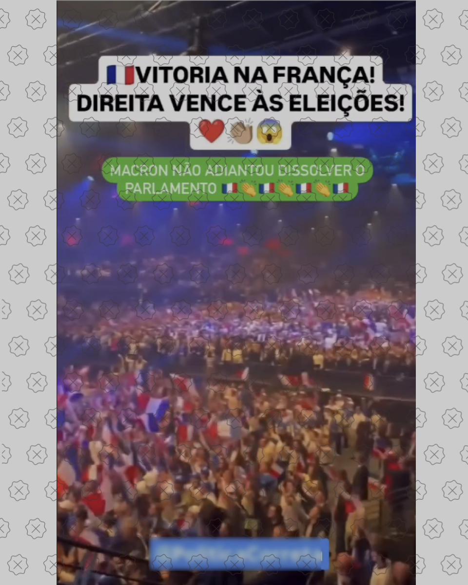 Posts utilizam a gravação de um evento de campanha como se fosse uma uma comemoração do resultado eleitoral na França.