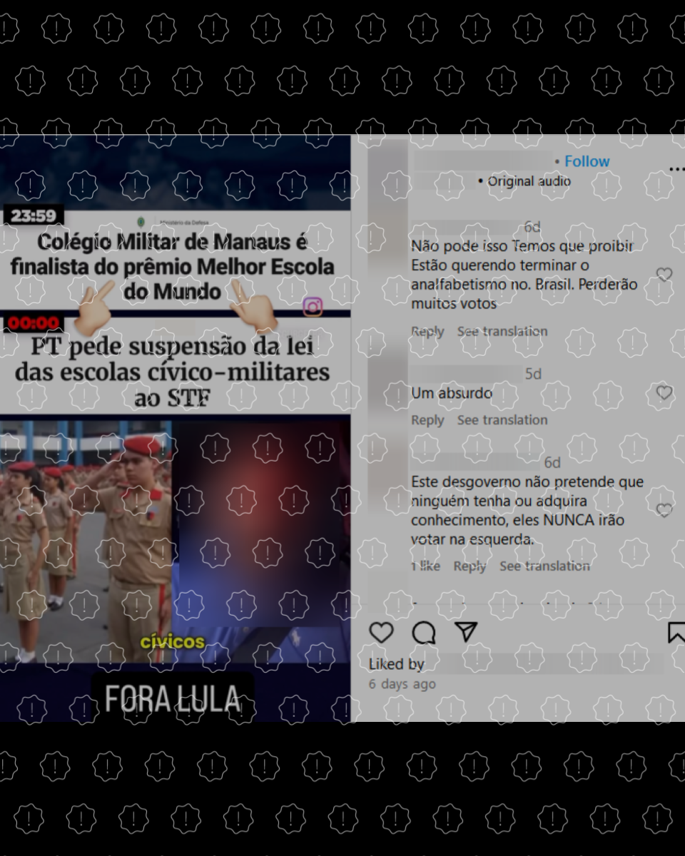 Posts enganam ao fazer crer que o Colégio Militar de Manaus, que concorre a prêmio internacional, é uma escola cívico-militar, programa encerrado por Lula