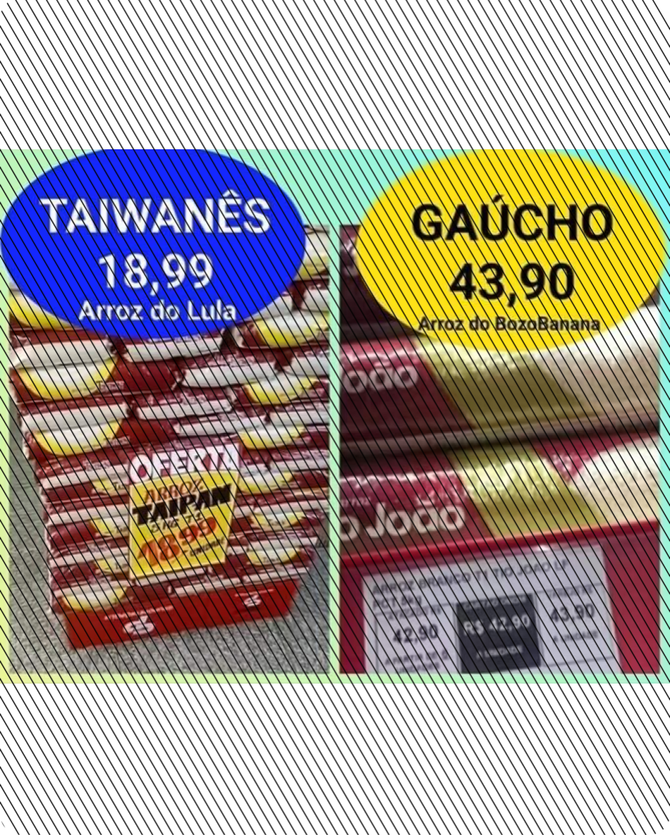 Do lado esquerdo, arroz Taipan vendido a R$ 18,99 é apontado como ‘arroz taiwanês do Lula’; do direito, arroz Tio João a R$ 43,90 é chamado de ‘arroz do bozobanana’