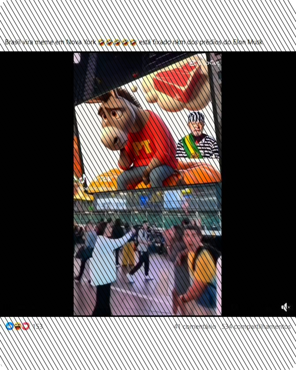 Telão na rua de Nova York mostra burro com camiseta do PT sonhando com pedaço de carne