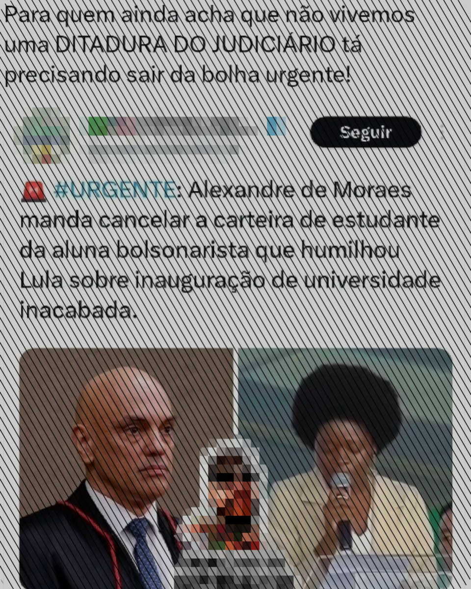 Publicação traz fotos de Alexandre de Moraes e de Jamily Fernandes e alega que ministro teria ordenado o cancelamento do documento da estudante