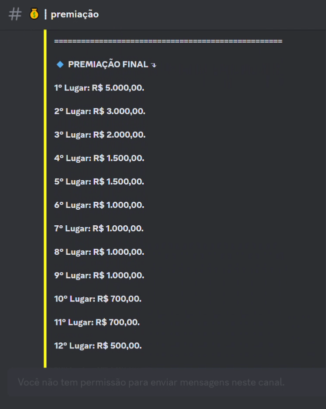 Lista de prêmios oferecidos por Pablo Marçal em seu canal do Discord
