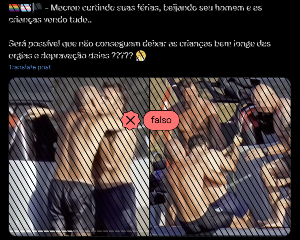 Publicações compartilham como se fosse um registro real foto gerada por IA que mostra Macron beijando um homem