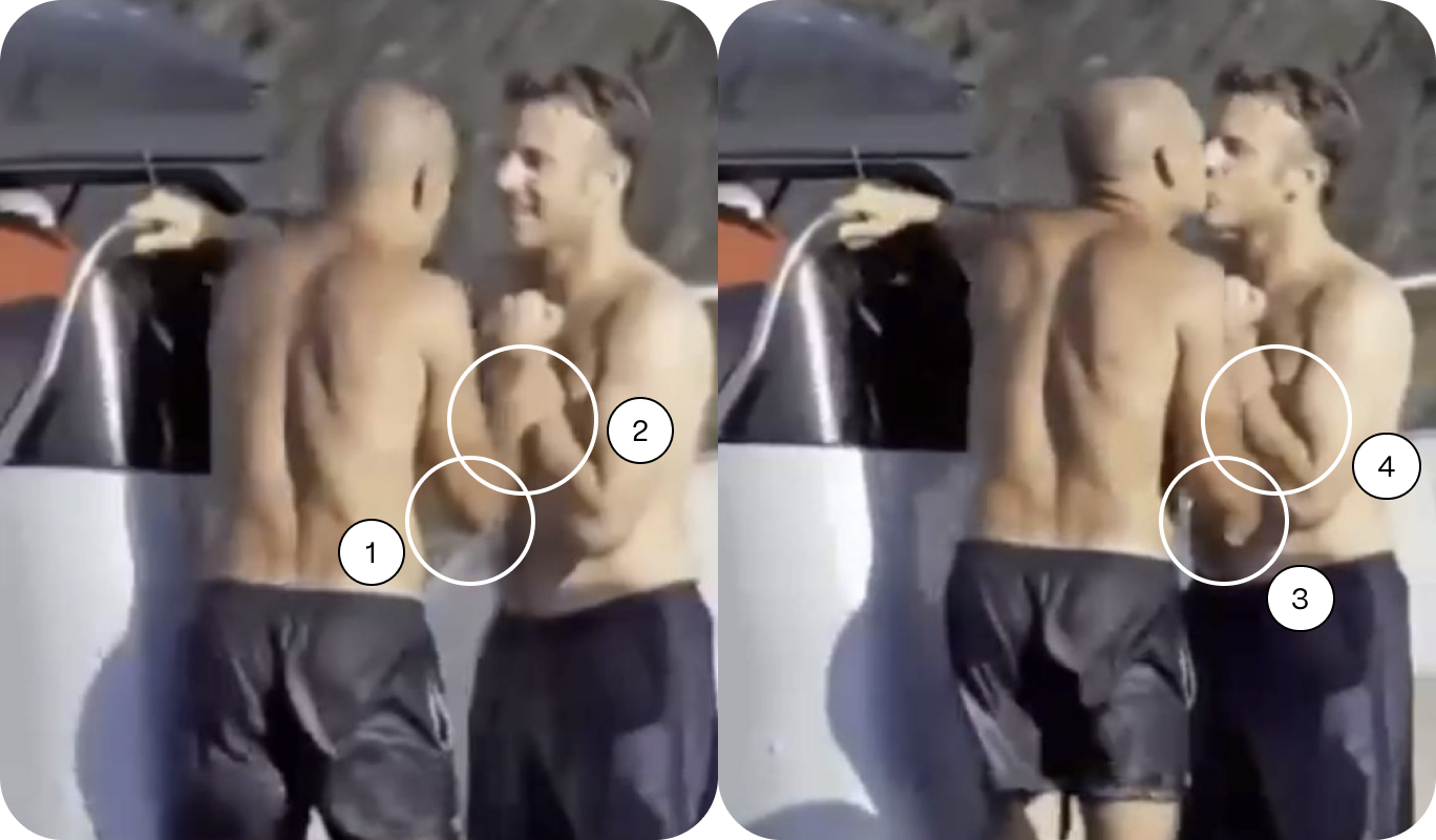 Montagem de dois frames do vídeo falso mostram que a mão direita e o cotovelo do homem estão deformados