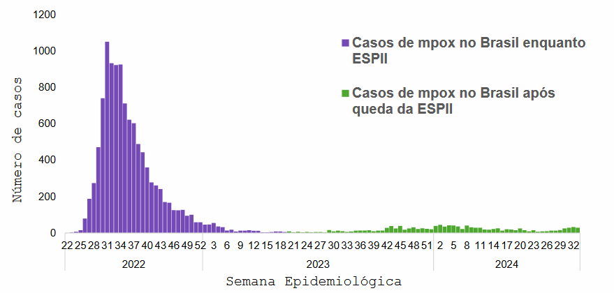 Gráfico do Ministério da Saúde mostra o números de casos de Mpox no Brasil entre maio de 2022 e julho de 2024.