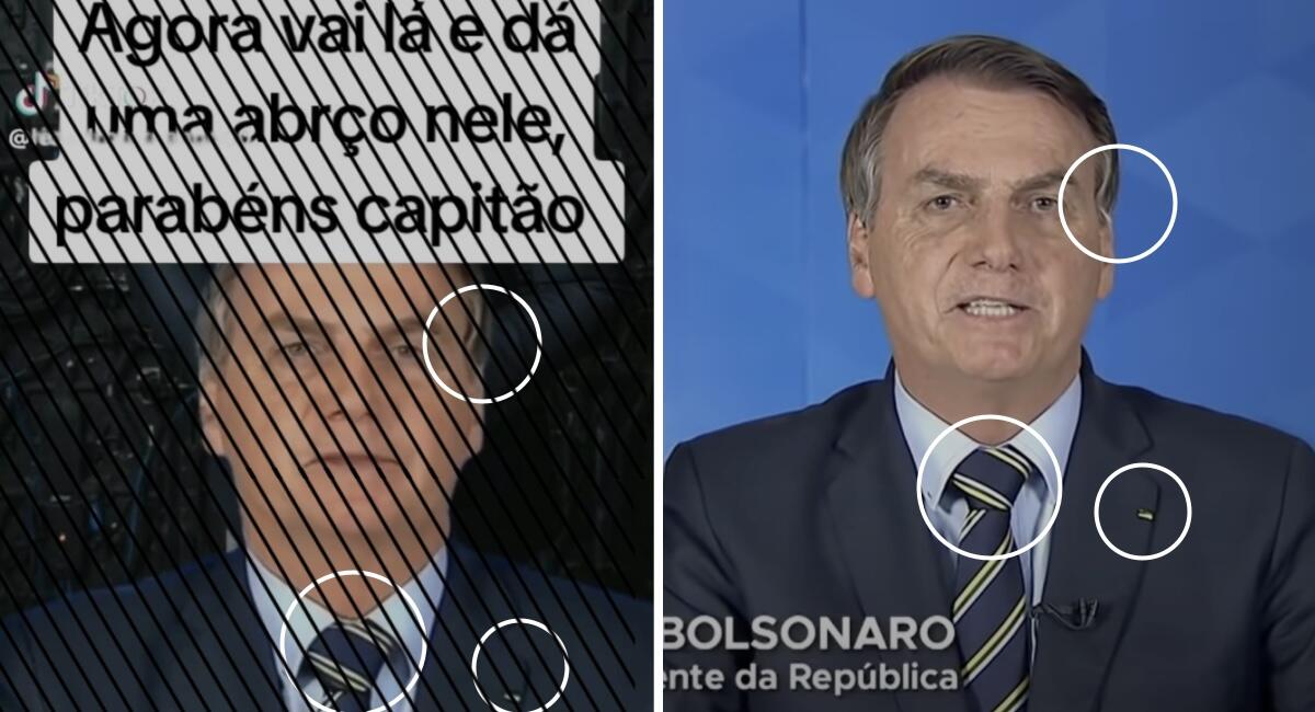 Comparação entre as imagens do post falso com um pronunciamento feito por Jair Bolsonaro.