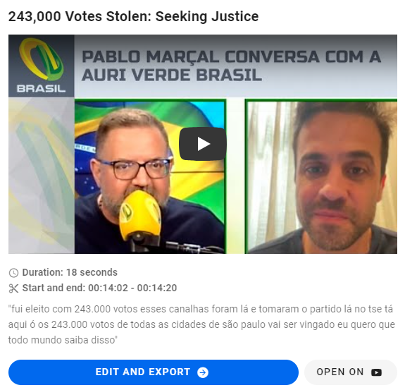 Print de entrevista mostra, à esquerda, Alexandre Pittoli à frente de um microfone amarelo e com a bandeira do Brasil ao fundo. À direita está Pablo Marçal. No alto, o título sugerido pela ferramenta para o corte diz, em inglês, “243.000 votos roubados: buscando justiça”