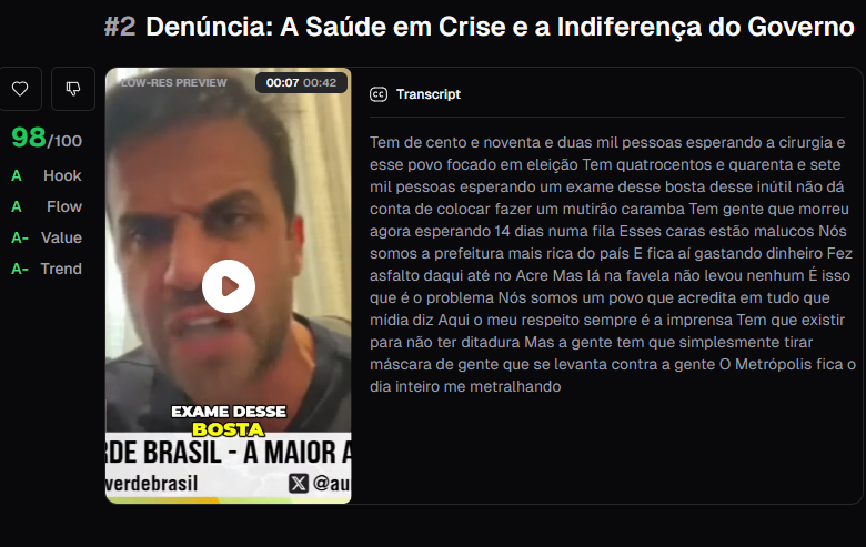 Print com fundo preto da interface da OpusClip mostra frame em que Marçal, um homem branco de cabelo castanho e barba por fazer, usa a palavra “bosta”. À esquerda, aparece que a nota do corte foi 98 de 100, e à direita, a transcrição do clipe, onde se nota que o palavrão foi direcionado ao atual prefeito de São Paulo.