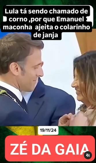 Trecho de vídeo mostra Emmanuel Macron prendendo um broche no blazer de Janja. Legenda enganosa diz: ‘Lula tá sendo chamado de corno’