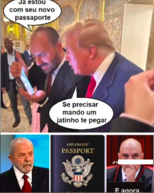 Post usa mosaico de imagens de Eduardo Bolsonaro, Donald Trump, Lula e Alexandre de Moraes com legenda que indica que o presidente americano eleito teria concedido passaporte diplomático a Jair Bolsonaro
